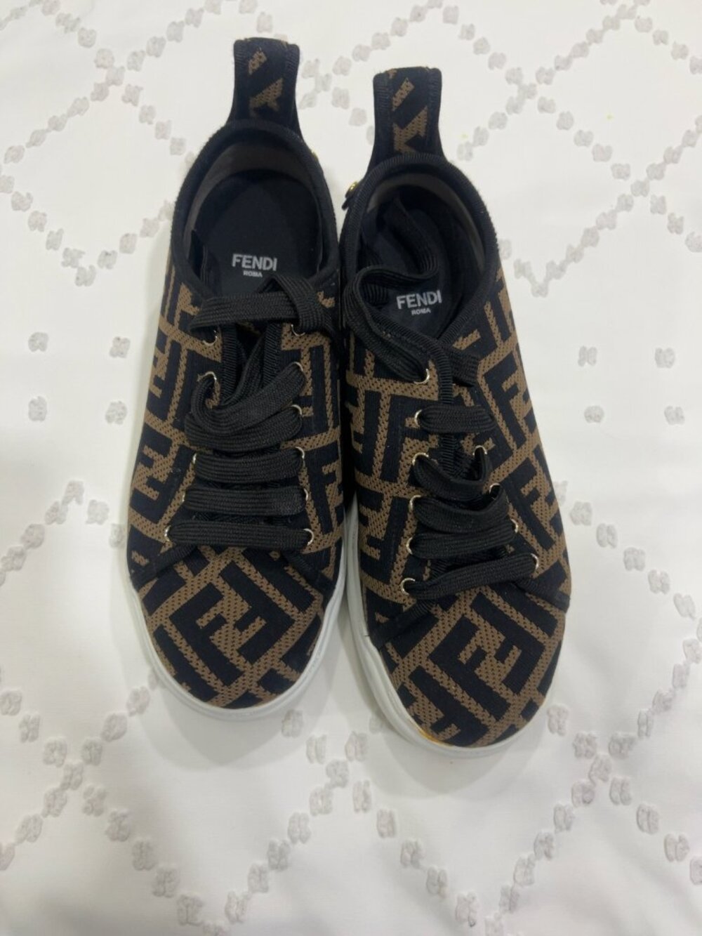 Authentic Fendi Rise FF Motif Platform Sneakers Tabacco Black Knit | EU 38 / US